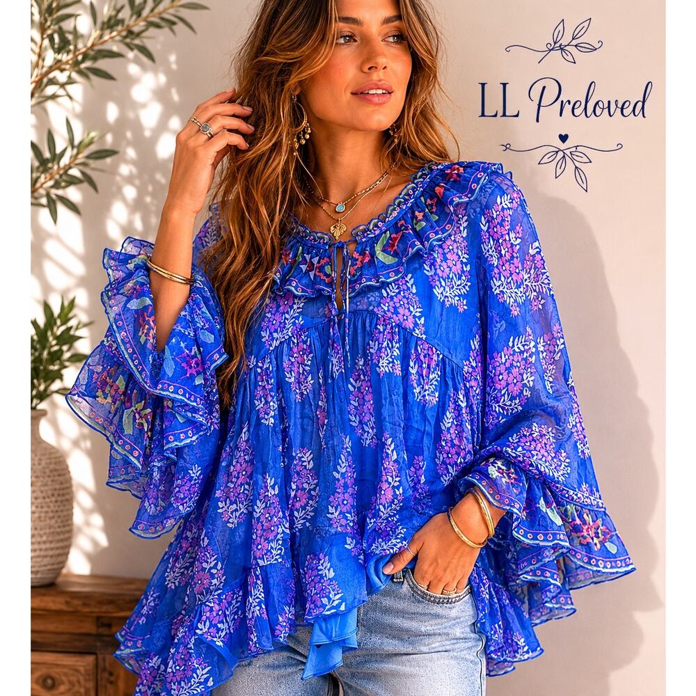 Johnny Was Jade Blue Floral Silk Ruffle Peasant‎ Blouse Tunic XS NWT MSRP $375